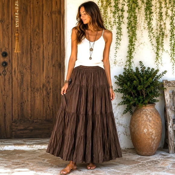 Vintage Dresses & Skirts - Vtg Tiered Maxi Skirt Women's L Dark Brown Western Cowgirl Gypsy Boho USA Made